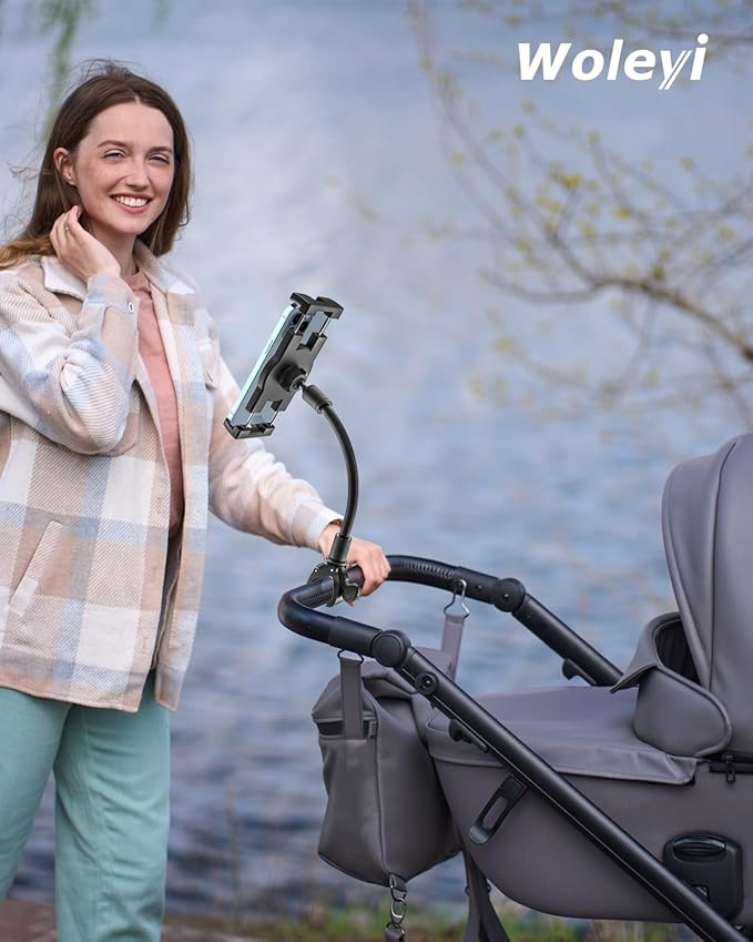 Gooseneck Spin Bike Tablet Holder, Handlebar Clamp Tablet Mount for Stroller, Wheelchair, Indoor Peloton, Treadmill, Stationary Exercise Bicycle, Elliptical, for 4-13" iPad Pro Air Mini, Galaxy, Fire