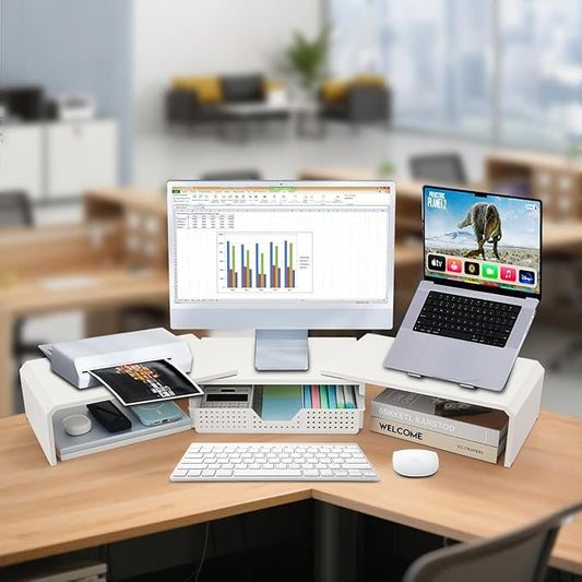 Dual Monitor Stand Riser with Drawer, Desk Organizer and Accessories, Metal Laptop Stand for Desk, Workspace Desktop Stand for Computer, Laptop, TV and More (White)