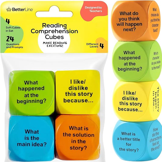 Interactive Reading Comprehension Cubes Set - Educational Learning Dice for Kids, Teachers, and Parents - 4 Levels, 24 Questions - Learning Games for Kids, Classroom and Home Learning Tools