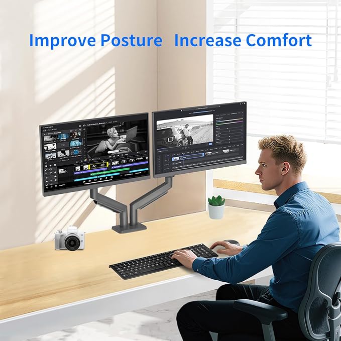 Dual Monitor Stand for 13 to 32 inch Screens, Gas Spring Monitor Arm with Swivel, Tilt, Rotation, Height Adjustable, Desk Mount with C-Clamp and Grommet Base, Each Arm Holds 4.4 to 19.8lbs Screen