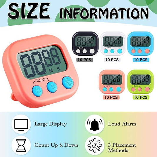 Xuhal 50 Pieces Digital Kitchen Timer Bulk, Small Magnetic Timers for Classroom, Digits Stopwatch Clock Timer for Cooking Baking Sports Games Office, Not Including Battery (Multicolor)