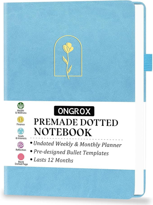 Premade Bullet Style Notebook with Undated Weekly & Monthly Planner, Dotted Journal with Pre-made Bullet Planner Stencils, Dot Grid Journaling with Habits & Mood Tracker, 12 Month Organization, A5