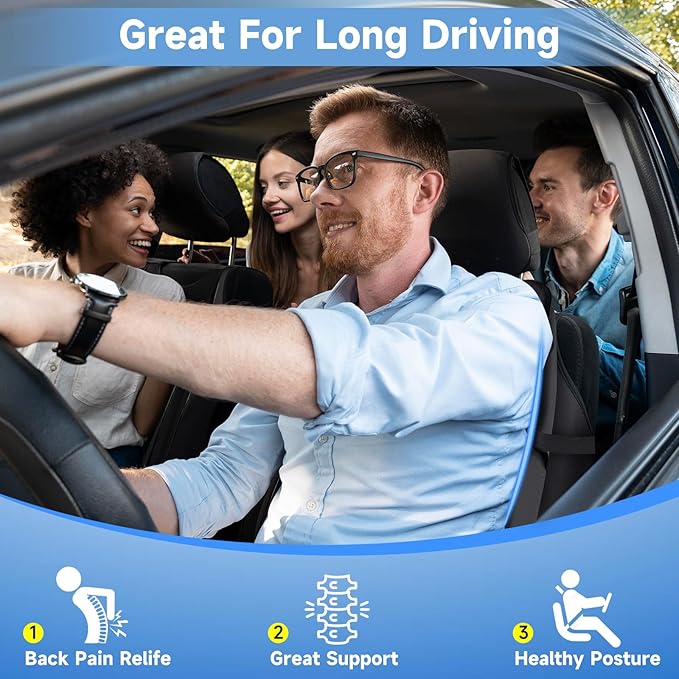 Lumbar Support Pillow for Car Improve Lower Back Pain Relief & Sitting Posture Back Support Memory Foam Back Cushion for Driving, Lumbar Comfort for Long Sitting, Truck with Three Adjustable Straps