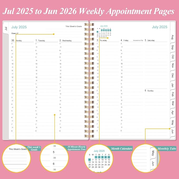 2025-2026 Appointment Book & Planner - Hourly Planner from July 2025 - June 2026, Weekly Appointment Book 2025-2026 with 30-Minute Interval, 6.4" x 8.5", Pink