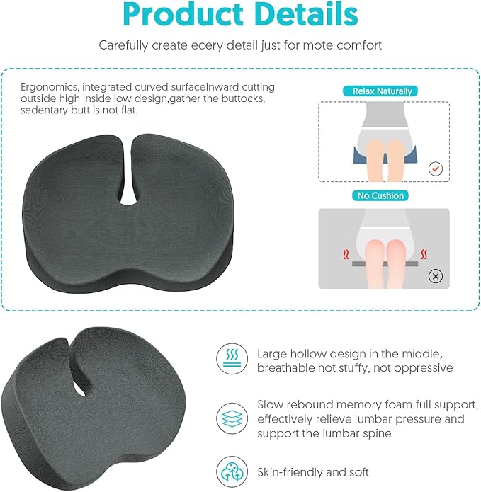 Seat Cushion for Office Chairs - Tailbone & Sciatica & Hip & Coccyx & Low Back Pain Relief Pillow - Memory Foam Pressure Relief Cushion for Long Sitting for Gaming, Compute, Desk Chair, Car Seat