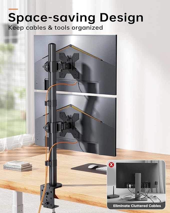 Dual Monitor Stand for 13-27'' Wide Monitor Desk Arm up to 44lbs Adjustable Stacked Double Monitor Mount with C-Clamp 75x75/100x100 VESA