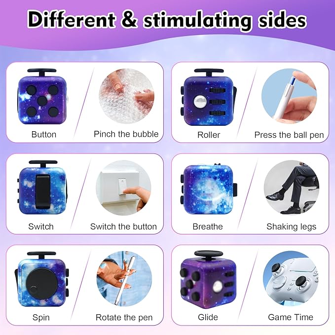 Lollyx Fidget Toy Cube, 6 Sided Stress Relief & Focus Toy for Adults & Kids, 2 Pack Cube Fidget Toys Hand-Held for Adults, Audible/Silent Cube Toys Fidget for ADD/ADHD/OCD