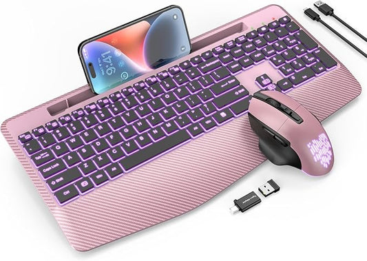 Wireless Keyboard and Mouse Backlits, Wrist Rest, LED Mouse, Rechargeable Ergonomic Keyboard with Phone Holder, Silent Light Up Combo for Computer, Mac, PC, Laptop, Chromebook (Rose Gold)