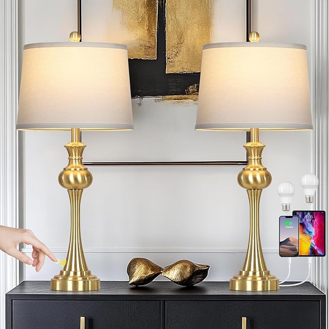 28.75" Modern Table Lamps Set of 2, Gold Bedside Lamp with USB A+C & AC Outlet,Brass Unique Desk Lamps for Living Room, Bedroom, Nightstand, End Table (2 Bulbs Included)