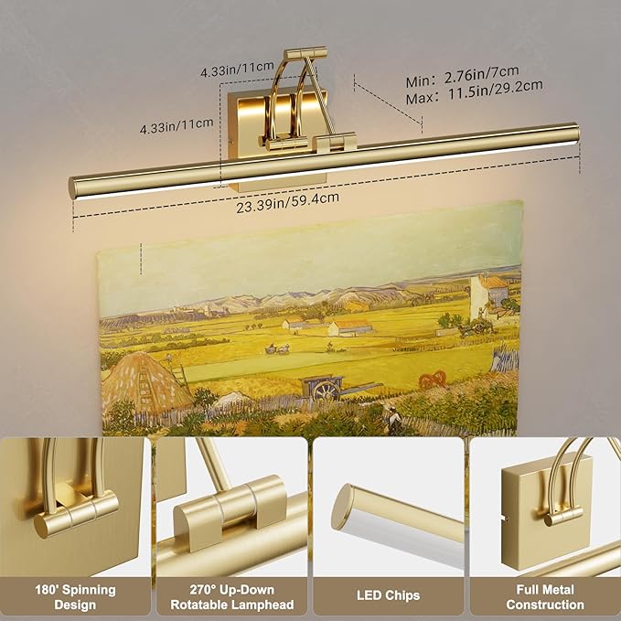 Tipace Hard-Wired LED Picture Light Fixtures,3CCT Dimmable Metal Artwork Display Lamp with Remote Control,Gold Modern Gallery Lights Wall Lights for Picture Display