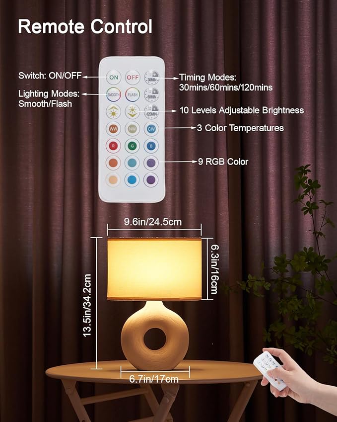 UMEXUS 13" Small Ceramic Cordless Table Lamp, Rechargeable Battery Powered with Remote Control, Timer & Dimmer, Color Changing Light Nightstand Lamp for Bedroom Bedside Living Room Entryway Outdoor