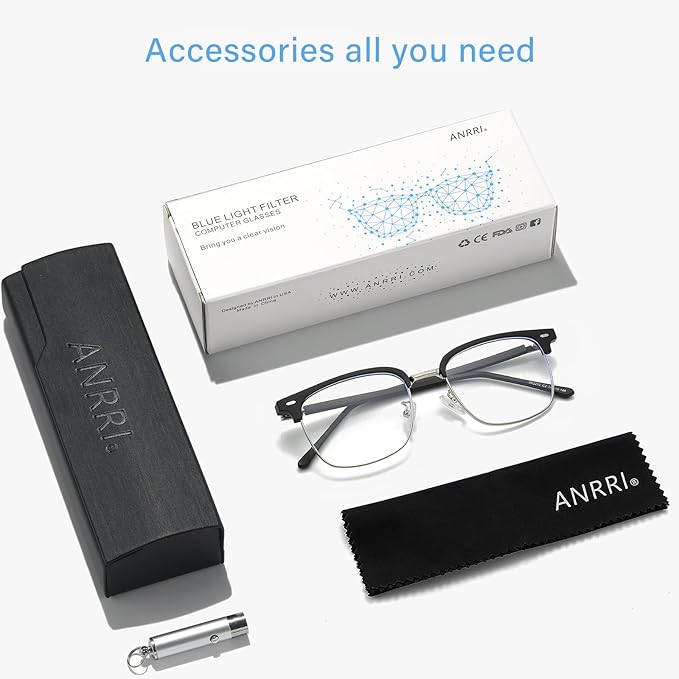ANRRI Blue Light Glasses for men Metal Browline Frame UV 400 Protection Clear Lens Anti Eyestrain Computer Gaming Glasses