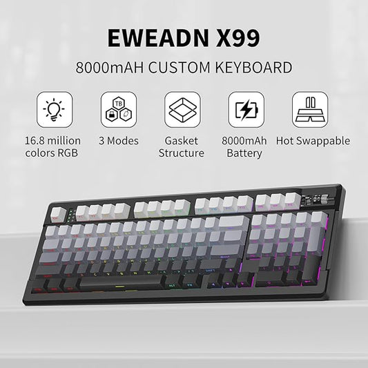 EWEADN X99 Wireless Mechanical Keyboard - 99 Keys, Three Mode Connectivity- BT5.0/2.4GHz/USB-C, Hot-Swappable PCB, Gasket Mount, 8000mAh Battery, PBT Double-Shot Keycaps, 16.8M RGB Lighting
