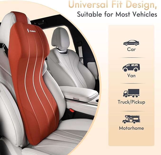 FLORICH 2-in-1 Lumbar Support with Headrest Pillow for Car Ergonomic Memory Foam Car Seat Back Cushion Integrated Lumbar Pillow with Car Neck Pillow for Driving Seat Relief Back Sciatica Pain, Red