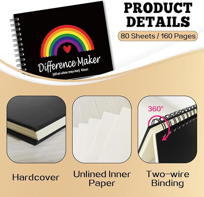 YAZMEEN Difference Maker Definition Blank Spiral Notebook(160 Pages) Rainbow Hardcover Sketchbook Social Worker Notebook Employee Appreciation Gift Funny Office Gift for Teacher Coworker Boss Leader