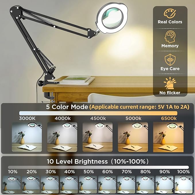 10X Magnifying Glass with Light and Clamp, 5 Color Modes Stepped Dimmable 2-in-1 with LED Desk Lamp, Hands Free Magnifier with Light for Close Works Craft Hobby Painting Reading DIY Repair