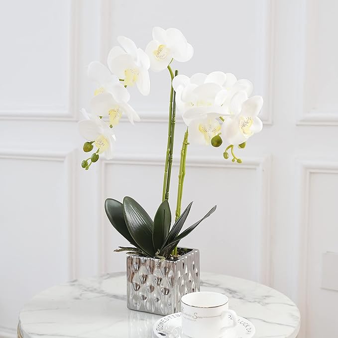 LISU Artificial Orchids, Silver Vases, Home Decoration Flower Arrangements, Fake Flowers in Vases. (C:White)