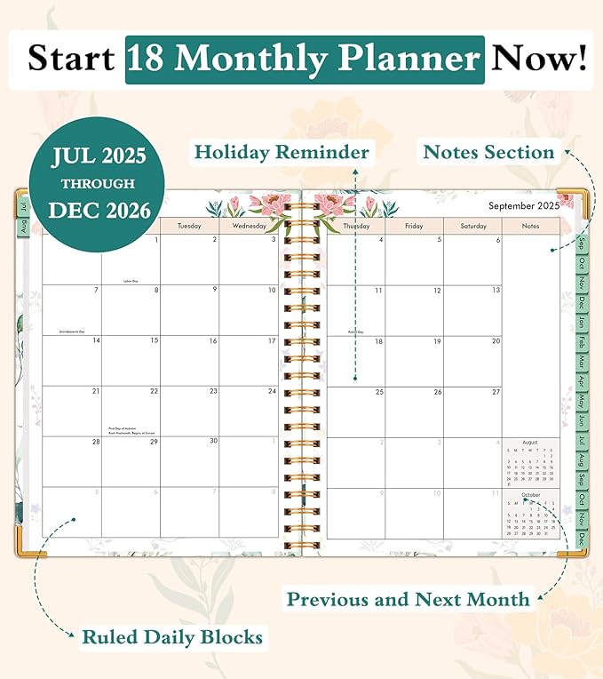 2025-2026 Appointment Book, Academic Planner 18 Months Weekly and Monthly (July 2025 - December 2026), 8.5"x11" Daily Hourly Planner 60-Minute time Slots, Spiral Calendar Schedule Book for Work School Teacher Student, Aesthetic Leaf