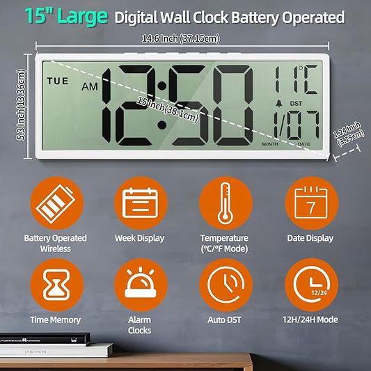 Digital Wall Clock Battery Operated, 15" Digital Clock Large Display with Date and Day of Week, Large Number with Temperature, Auto DST, Alarm, Snooze, 12/24-hour for Desk Office
