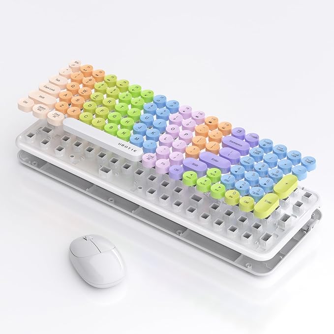 Wireless Keyboards and Mouse Combos, UBOTIE Colorful Gradient Rainbow Colored Retro Typewriter Flexible Keyboard, 2.4GHz Connection and Optical Mouse(White Colorful)