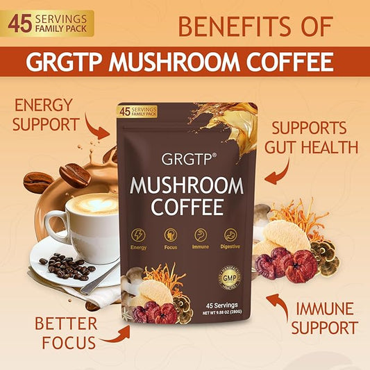 GRGTP Mushroom Coffee - Superfood Blend with 6 Adaptogens (Cordyceps, Lion's Mane, Reishi Other) | Jitter-Free Energy, Enhanced Focus, Digestion & Immunity Support | 45 Servings, Vegan, Gluten Free, Non-GMO | Smooth Flavor