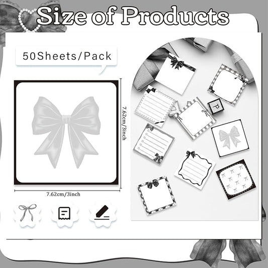 Black Bow Sticky Notes Gifts - 9 Pack Black Bow Sticky Notepads 3x3 Inch, Cute Bowknot Self-Adhesive Memo Pad Gifts for Girls Women, Gothic Office School Supplies (450 Sheets)