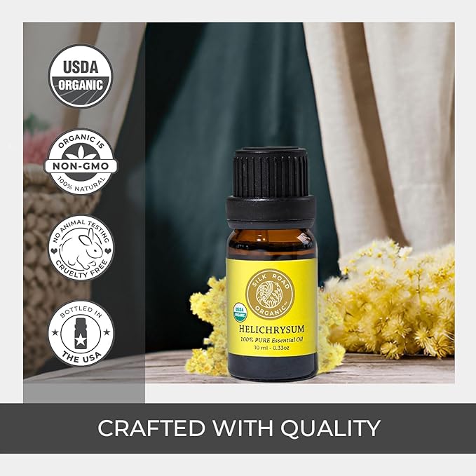Silk Road Organic Helichrysum Italicum Essential Oil, 100% Pure Undiluted USDA Certified Aromatherapy for Skin Vitality & Anti-Aging - 10 ml Euro Dropper - Always Pure, Always Organic