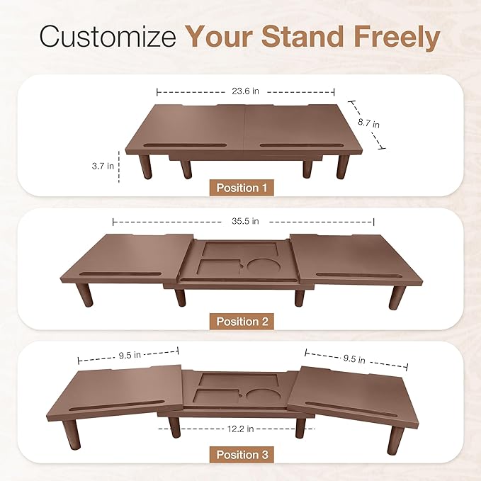 Dual Monitor Stand Riser - Solid Wood 3 Panels Laptop Riser with Storage for Phone/Mug - Home/Office Desk Organizer with Adjustable Length & Angle - Modern Computer Stand for PC, Laptop, & more (Brown)