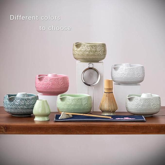Matcha Whisk Set, Ceramic Matcha Bowl, Bamboo Whisk, Scoop, Sifter, Tea Towel - 7 Pcs Matcha Kit for Matcha Lovers (Green)