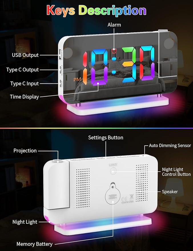 Projection Alarm Clock, Digital Colorful Clock with 180° Rotatable Projector, Mirror Clocks with RGB Night Light,Snooze,12/24H, Dual Charger Port, Auto Dimmer, LED Desk Clock for Bedroom