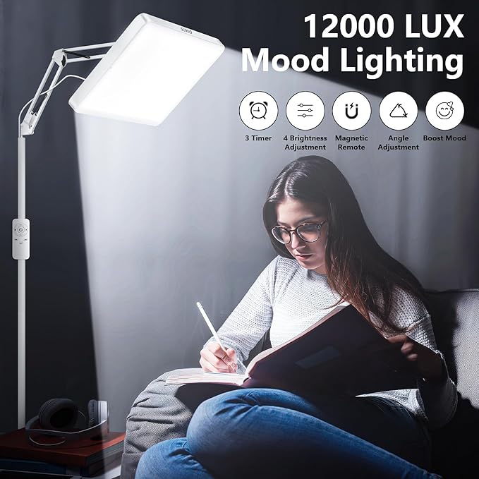 SUXIO Light Therapy Lamp - 12000 LUX Therapy Light, Happy Lamp with Remote, Light Box Therapy with 3 Timer & 4 Brightness, LED UV-Free Daylight Lamp Perfect for Home, Office