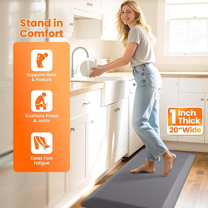 Kitchen Mats for Floor, 1 Inch Extra-Thick Kitchen Rugs, Non-Slip & Waterproof Standing Desk Mat, Comfort Anti Fatigue Mats for Kitchen Floor, Home, Sink, Office (20" X 32", Grey)