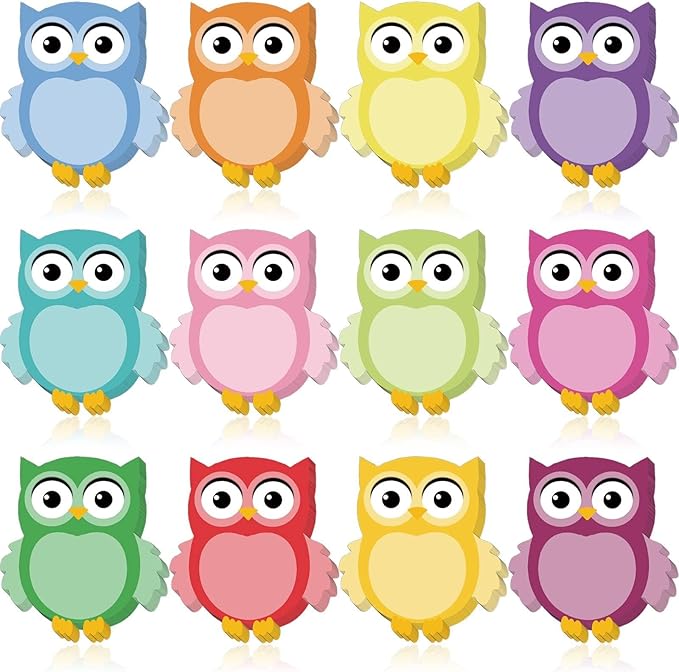12 Pieces Owl Sticky Note Adhesive Cute Memo Notes Self-Stick Owl Note Pads for Reminders, Study, Work, Office, School and Home, 12 Styles