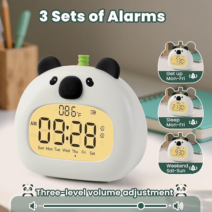 Panda Alarm Clock with Night Light for Kids – Cute Digital Sleep Trainer with LED Display, 3 Alarms, Countdown Timer, Adjustable Brightness – Rechargeable Bedside Clock for Boys and Girls