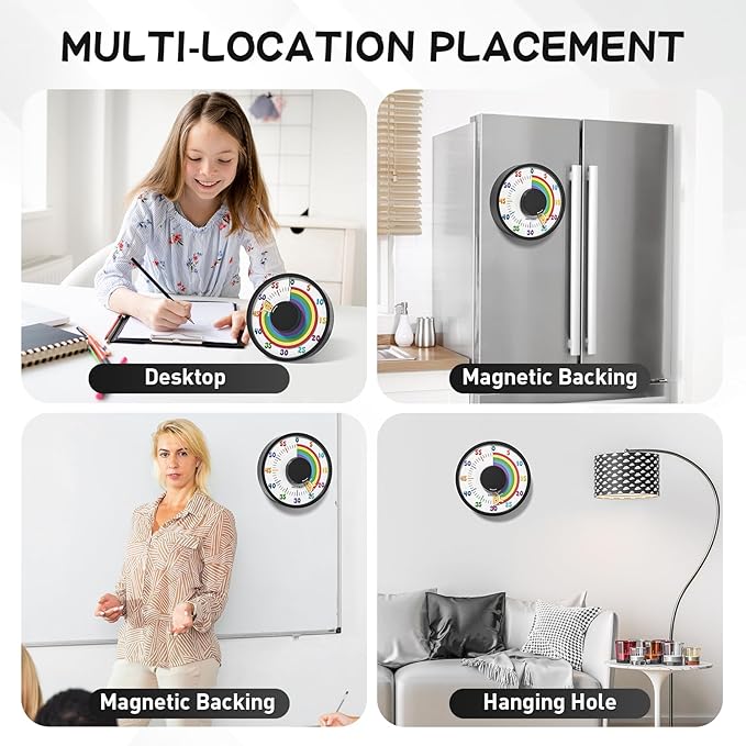 Secura 60-Minute Rainbow Visual Timer 6-Inch Mechanical Countdown Timers for Teaching, Meeting, Cooking, Working - Timer for Kids with Magnetic Backing (Black)