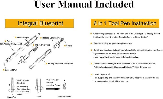 HeTaoCat Gifts Multi Tech Tool - 6 in 1 Stylus Pen with Screwdriver, Ruler, Level Gauge, Black Ink (Black)