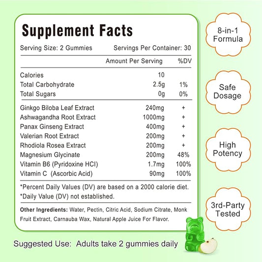 Ginkgo Biloba Gummies with Ginseng and Magnesium, Ginko Biloba Supplements Gummies for Brain Focus, Mood and Memory for Adults, 60 Cts