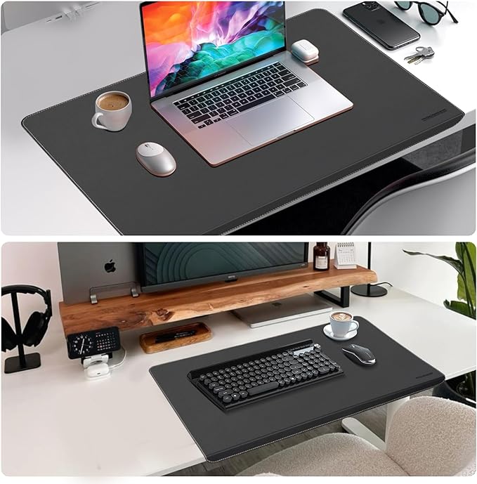 Desk Mat with Lip & Reinforced Stitched Edge|Non-Slip Waterproof PU Leather Desk Pad|Ergonomic Keyboard Mouse Pad With edge Protector|for Office, Home, Study(23.6" x 16.5",Black)