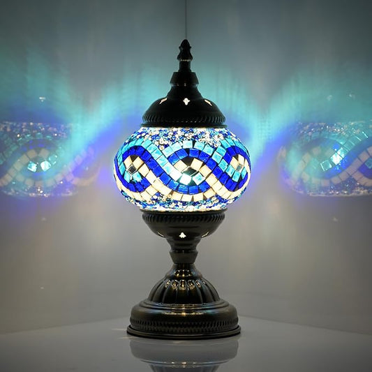 Turkish Moroccan Table Lamp Lantern with Handmade Mosaic Glass Lampshade Tiffany Style Bohemian Stained Glass Decorative Desk Lamps Bedside Night Lights for Bedroom (White Multiple Blues)