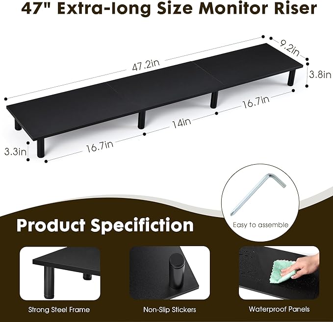 47 Inch Extra-Long Dual Monitor Stand Riser for 2 Monitors, Desk Shelf TV Riser Blocks, Wood and Steel Desktop Riser for Computer, Laptop, Printer, Home Office Organization, Black