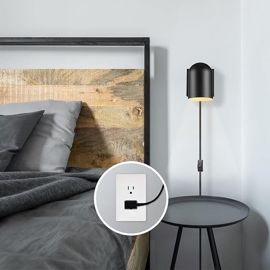 GLOBE Electric 65000098 1-Light Plug-in or Hardwire Wall Sconce, Matte Black, 6ft Braided Fabric Cord, in-Line Rocker Switch, Modern Lighting for Apartments or Renters, Lights for Living Room