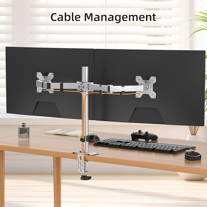 Suptek Dual Monitor Desk Mount, Adjustable Dual Monitor Arm for 2 Monitor Screens up to 42 inch, Extra Tall 15.75" Pole Monitor Stand for Desk, Holds up to 22 lbs,Silver(MD9442LS)