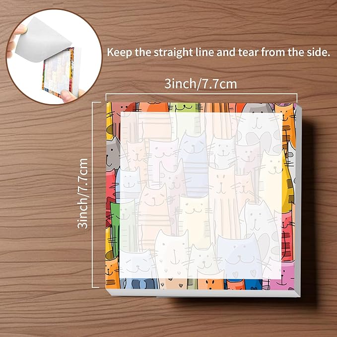 Sticky Notes, 2 Pads, 3x3 inches, Cute Colorful Fun Self-Stick Note Pads, Easy Post, Strong Adhesive Notepad Cartoon Cats