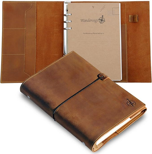 Wanderings A5 Leather Binder Journal – Handcrafted 6 Ring Organizer with Pockets – Leather Planner with Planner Inserts – 52 Week Undated Calendar | A5 6 Ring Binder Filofax Compatible – 6” x 8.5”