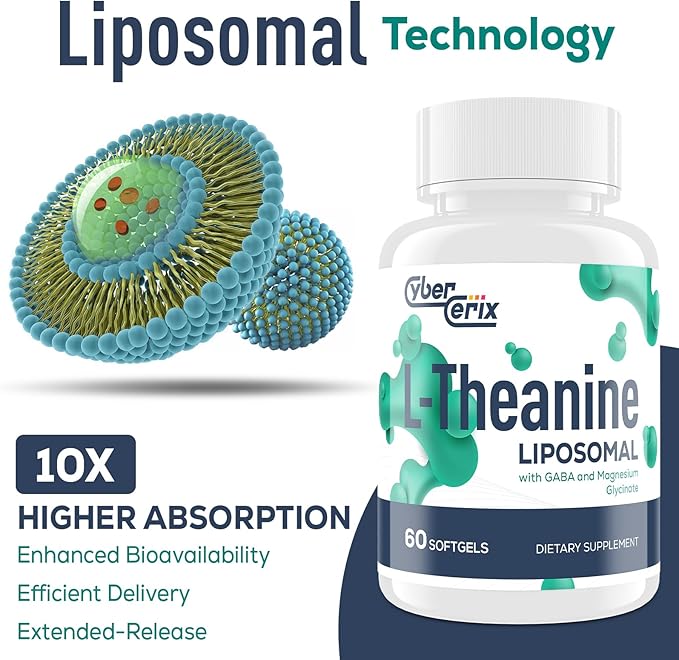 Liposomal L-Theanine 500mg, Complex with GABA 200mg & Magnesium 100mg, Extra Strength Supplement for Calm, Relaxation & Focus, Gluten Free - 120 Capsules