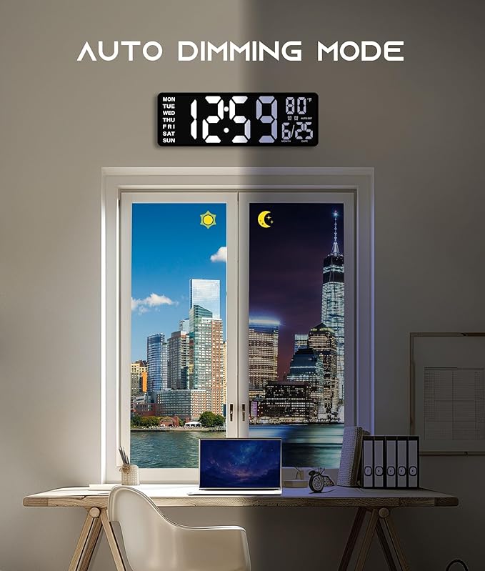 16.5" Large Digital Wall Clock with BT Sync, RGB Lights with 11 Scenes Mode Remote Control, Dual Alarms with Big LED Display, Auto DST, Temperature for Classroom Gaming