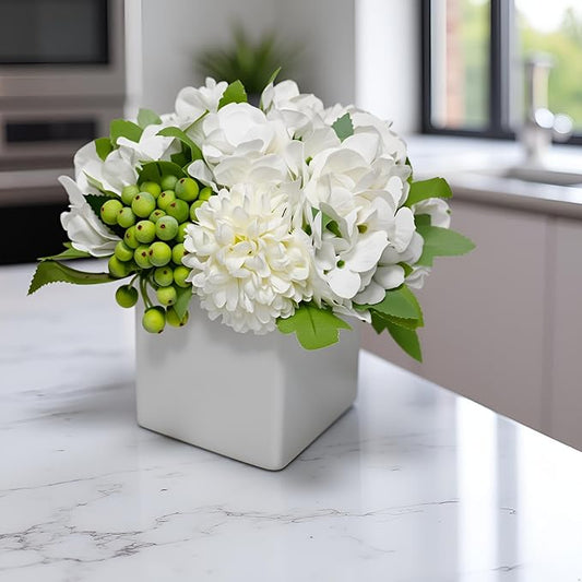 LADADA Flower in Ceramic vase, Artificial Hydrangea Flower Arrangement and vase Home Decoration Artificial Flower (White)