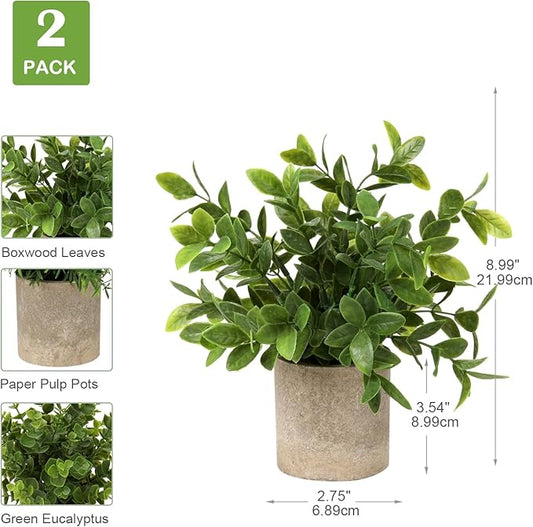 Briful Artificial Potted Plants Set of 2 Small Faux Plant Eucalyptus Mini Fake Plant Decor for Home Table Office Room Desk Bathroom Shelf Kitchen Rustic Farmhouse Mantel Decoration