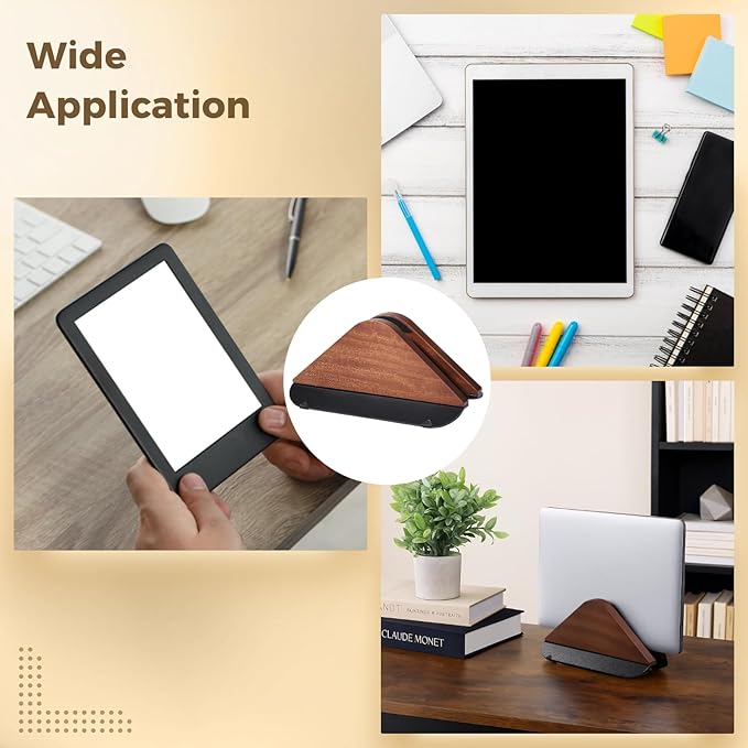 Wooden Vertical Laptop Stand, Adjustable Desktop Holder for Laptop, Tablet, E-Book, Black Walnut Color, Anti-Scratch Silicone Pads, Non-Slip Plastic Base, Max Clamp Thickness 1 in