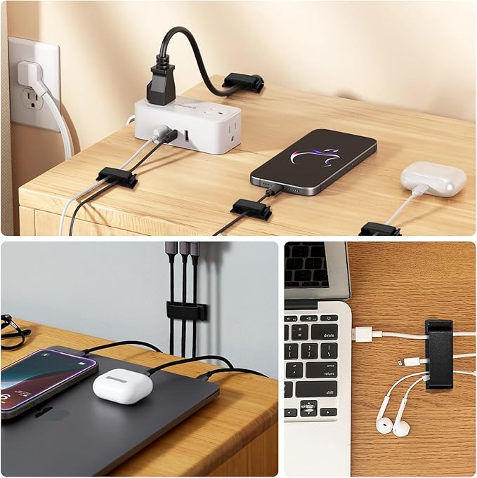 Self Adhesive Cable Management Clips, Line Clips, Cable Organizers, TV PC Line Clips, Ethernet Cable Clips Under Desks - Durable PA66 Material, Easy to Install (Black 50Pcs)